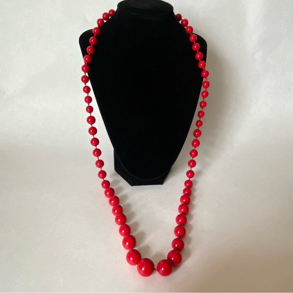 Red plastic beaded long necklace